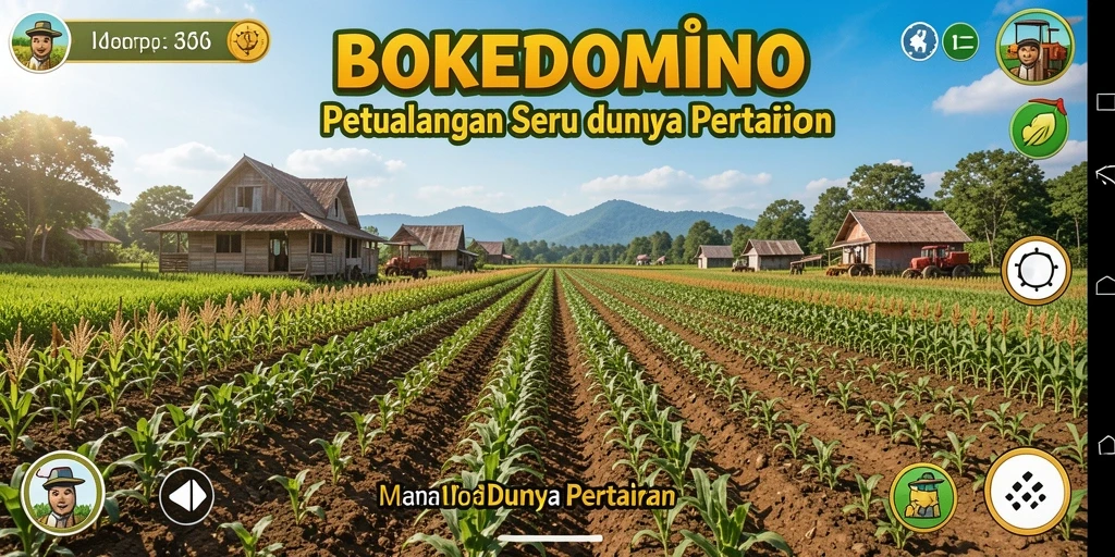 Screenshot gameplay BOKEDOMINO yang menunjukkan kebun yang subur dan hewan peliharaan.