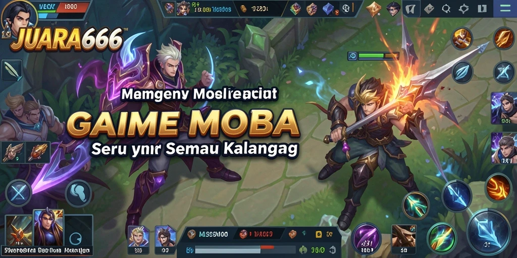 Tampilan epik pertempuran karakter dalam JUARA666 dengan aksi MOBA yang dinamis.