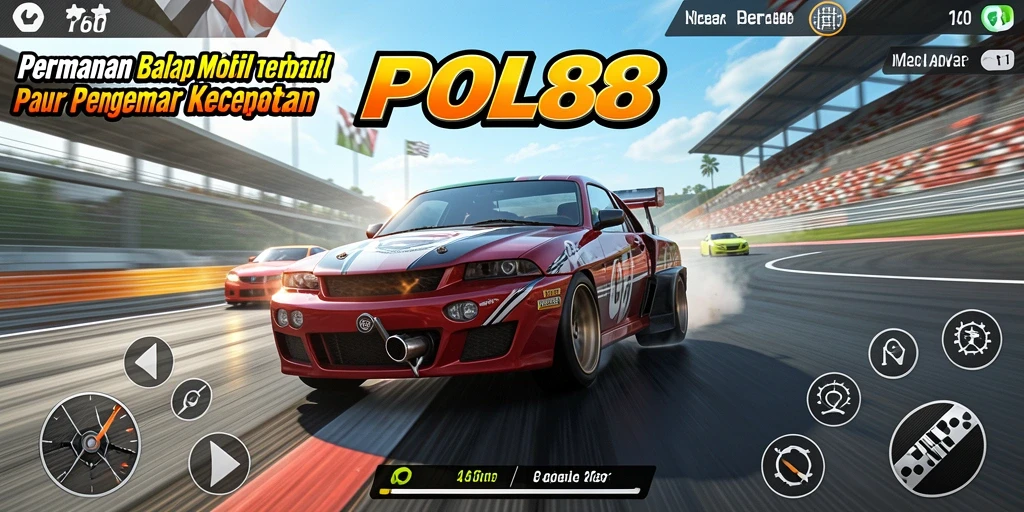 Screenshot gameplay POL88 menunjukkan mobil balap melaju kencang di lintasan.