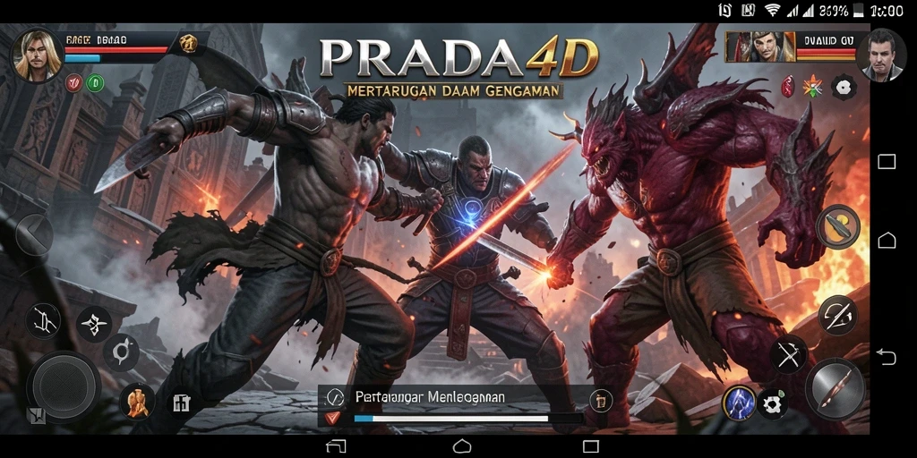 Tampilan utama gameplay PRADA4D menampilkan pertarungan dramatis antara karakter.
