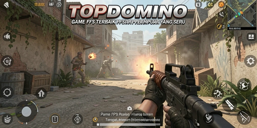 Screenshot menunjukkan aksi intens dari gameplay FPS dalam TOPDOMINO.